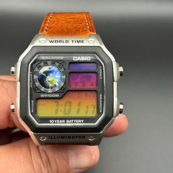 Casio AE1200WH Custom Sunset Filter Globe Leather Strap World Time - Picture 11 of 17